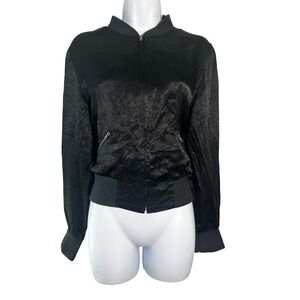 Spenser Jeremy Womens Black Crinkle Textured Full Zip Bomber Jacket Medium
